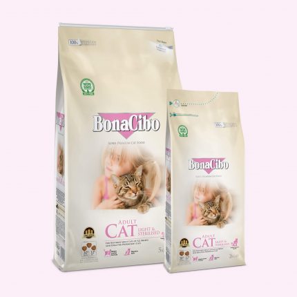 BonaCibo Adult Cat Light & Sterilised; is formulated for neutered or over weight cats. It contains carefullly balanced protein and fat levels to provide weight control in a healthy way, whilst still providing all of the essential nutrients in a delicious food.