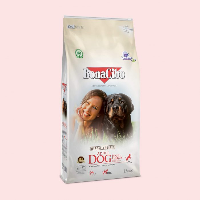 BonaCibo Adult Dog High Energy contains boosted levels of protein and fat to support high activity levels and sustained exercise.