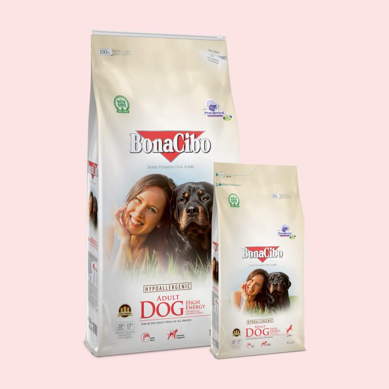 BonaCibo Adult Dog High Energy contains boosted levels of protein and fat to support high activity levels and sustained exercise.