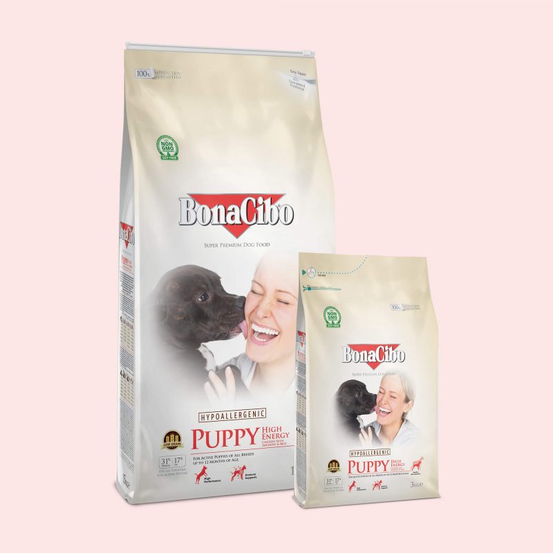 BonaCibo Puppy High Energy is formulated with extra energy to support the healthy development of active puppies. Balanced protein, fats and carbohydrates also provide healthy growth by improving metabolism and bone development in the body