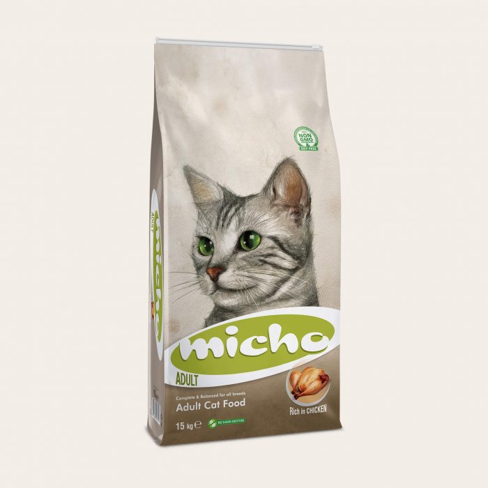 Micho Adult Cat is formulated by professional pet food nutritionists and is produced by extruder technology to maximise its quality. This gentle cooking process ensures that your cat’s obtains all the nutrients that it needs every day from the food.
